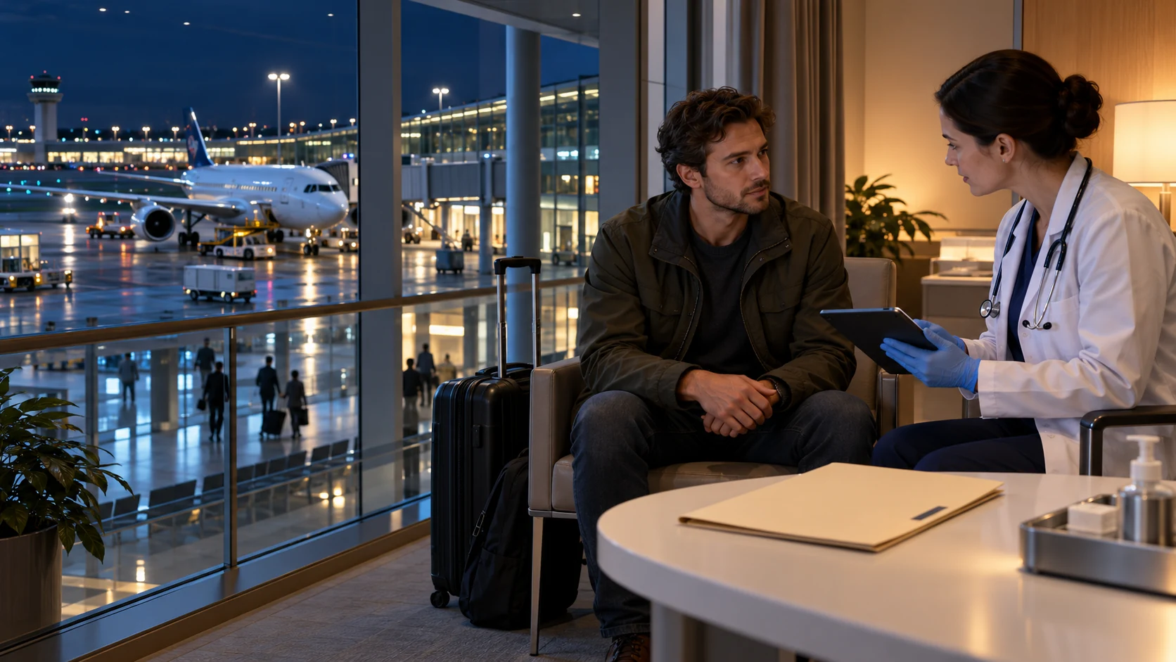 Illustrative airport clinical assessment: a clinician reviews a potential traveler exposure.